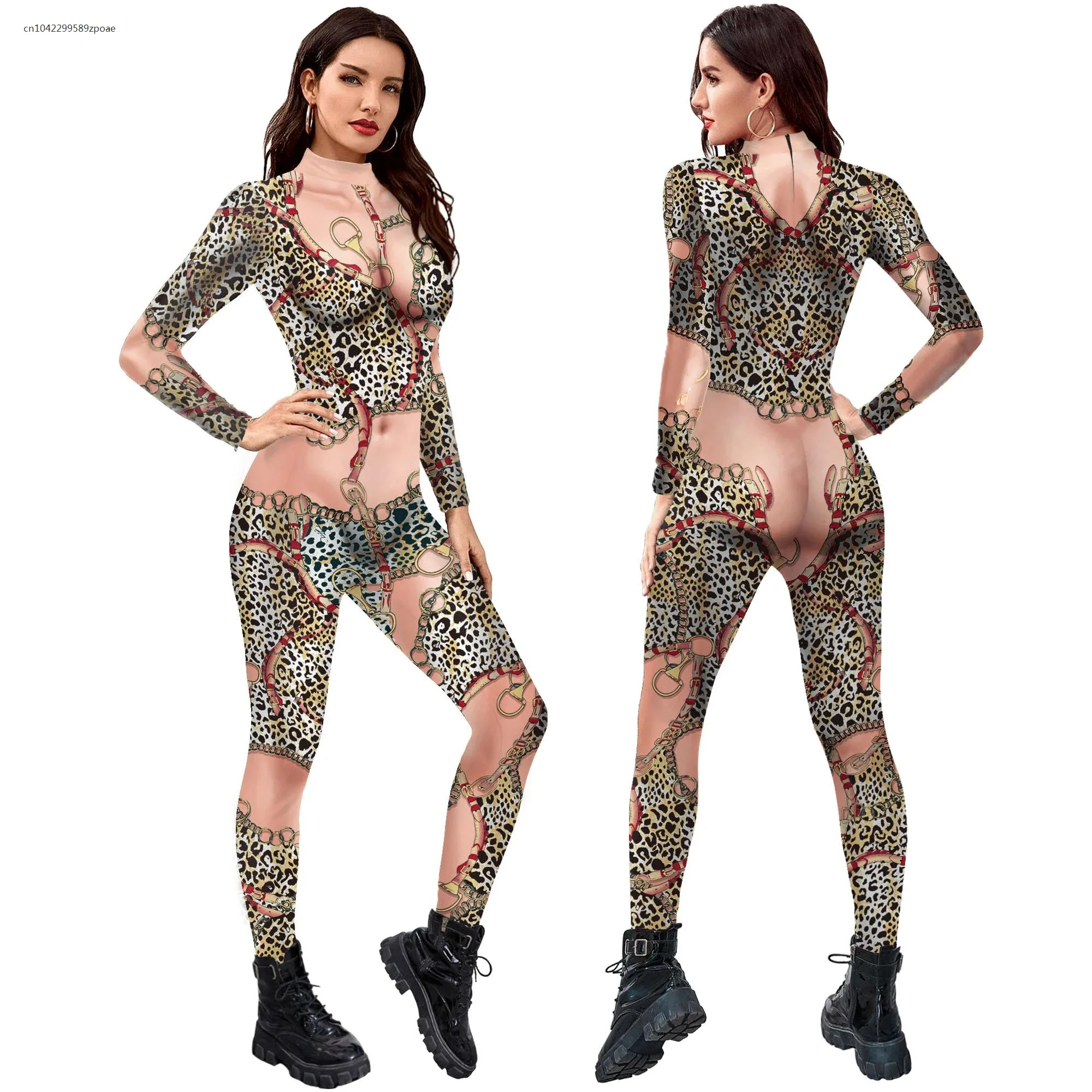 

2024 Woman Catsuit Flesh-colored Leopard Printed Sexy Slim Bodysuit Long Sleeve Zenti Party Costume Uniform Outfit