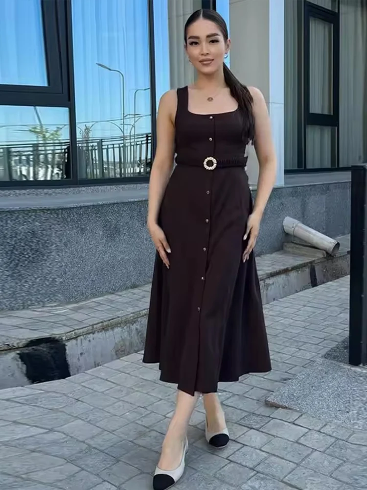 Fashion With Belt Long Dress For Women Sleeveless Single Breasted Slim Dress 2025 Summer Elegant Lady Commute Midi Dresses
