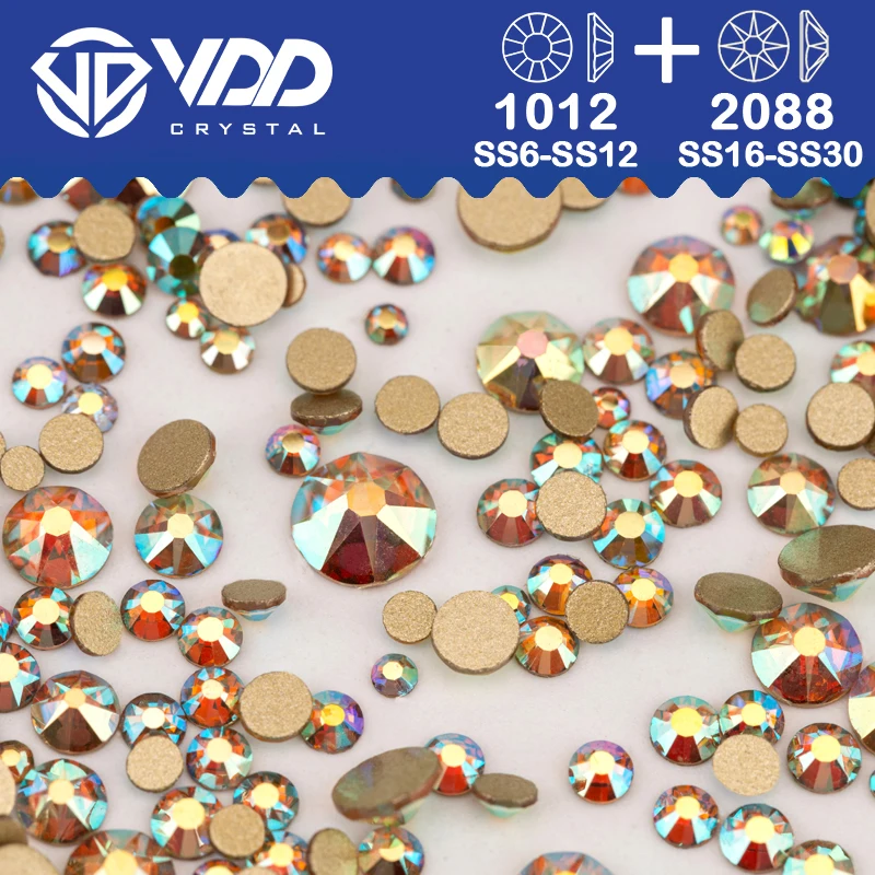 VDD 믹스 크기 SS6-SS30 고품질 유리 2088 라인 석 크리스탈 골드 플랫 백 Strass 돌 네일 아트 공예 DIY 장식