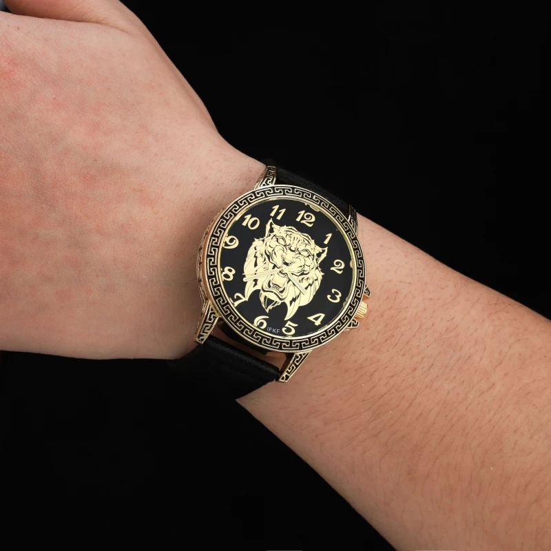 new Gold Skull Lion Tiger Men luxury business Military Quartz watch golden stainless steel band men watches male clock Relogio