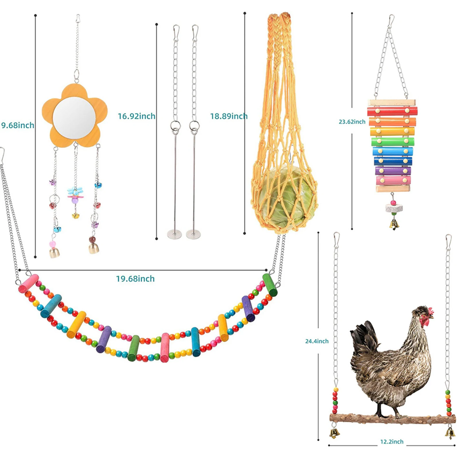 7PCS Chewing Foraging Toy with Wooden Hanging Feeder Hanging Feeder Bell Toys for Budgerigar Parakeet Conure Cockatiel Mynah