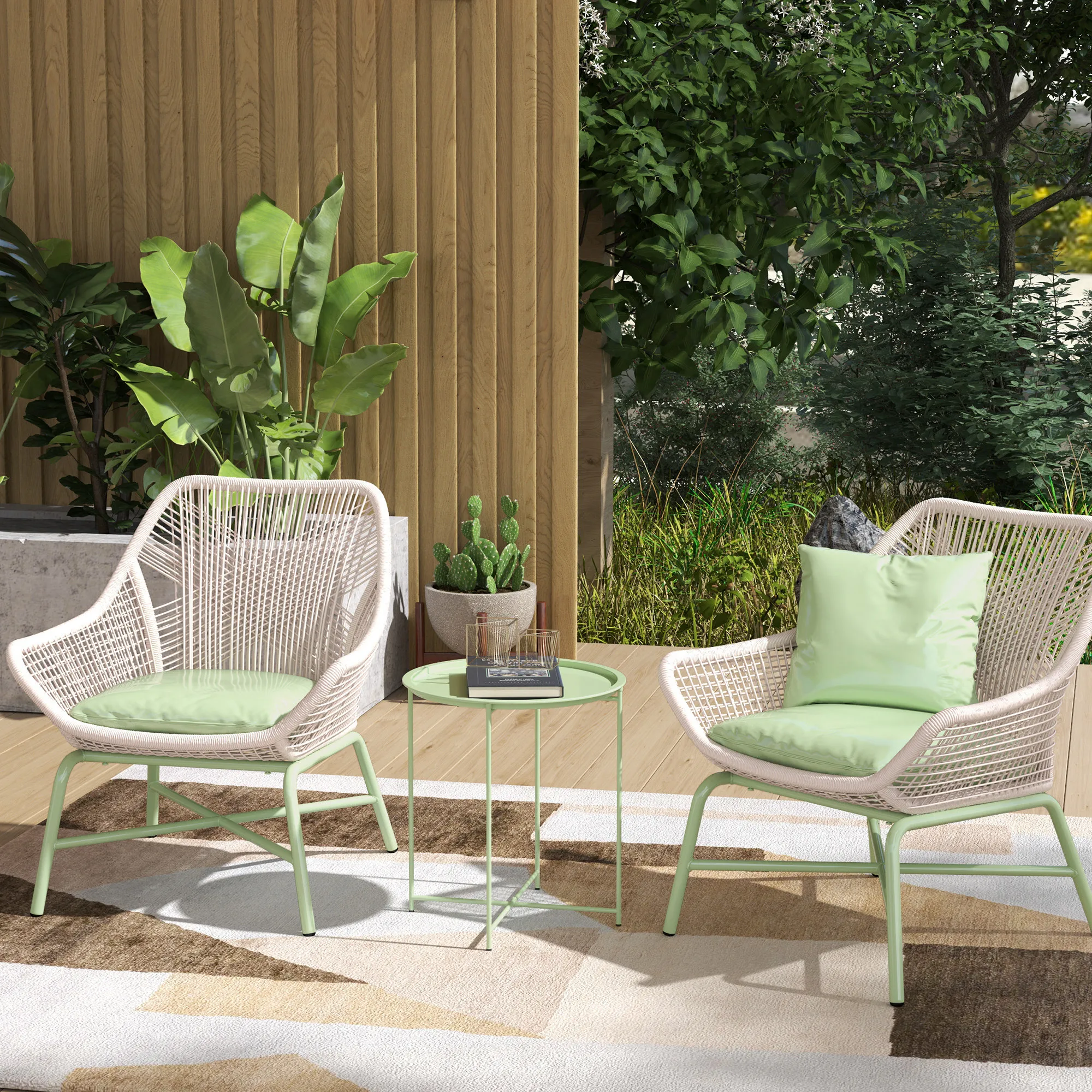 46cm Round Small Garden Table with Removable Tray and Folding Legs, Metal Garden Side Table, Indoor Outdoor Coffee Table End Table for Patio, Balcony, Porch