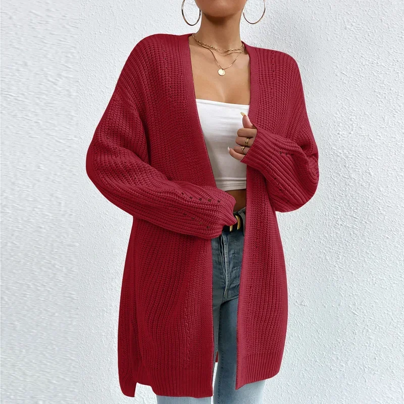 2024 Autumn Elegant Solid Cardigan Sweater Women Winter Thickened Warm Split Hem Long Jumpers Female Commuter Knitted Outerwear 4