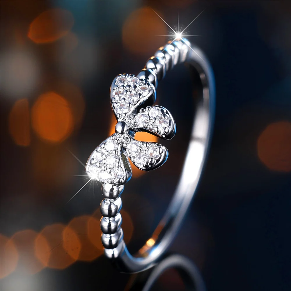 Trendy Crystal White Zircon Stone Vintage Silver Color Wedding Bands Cute Bowknot Rings For Women Men Minimalist Jewelry