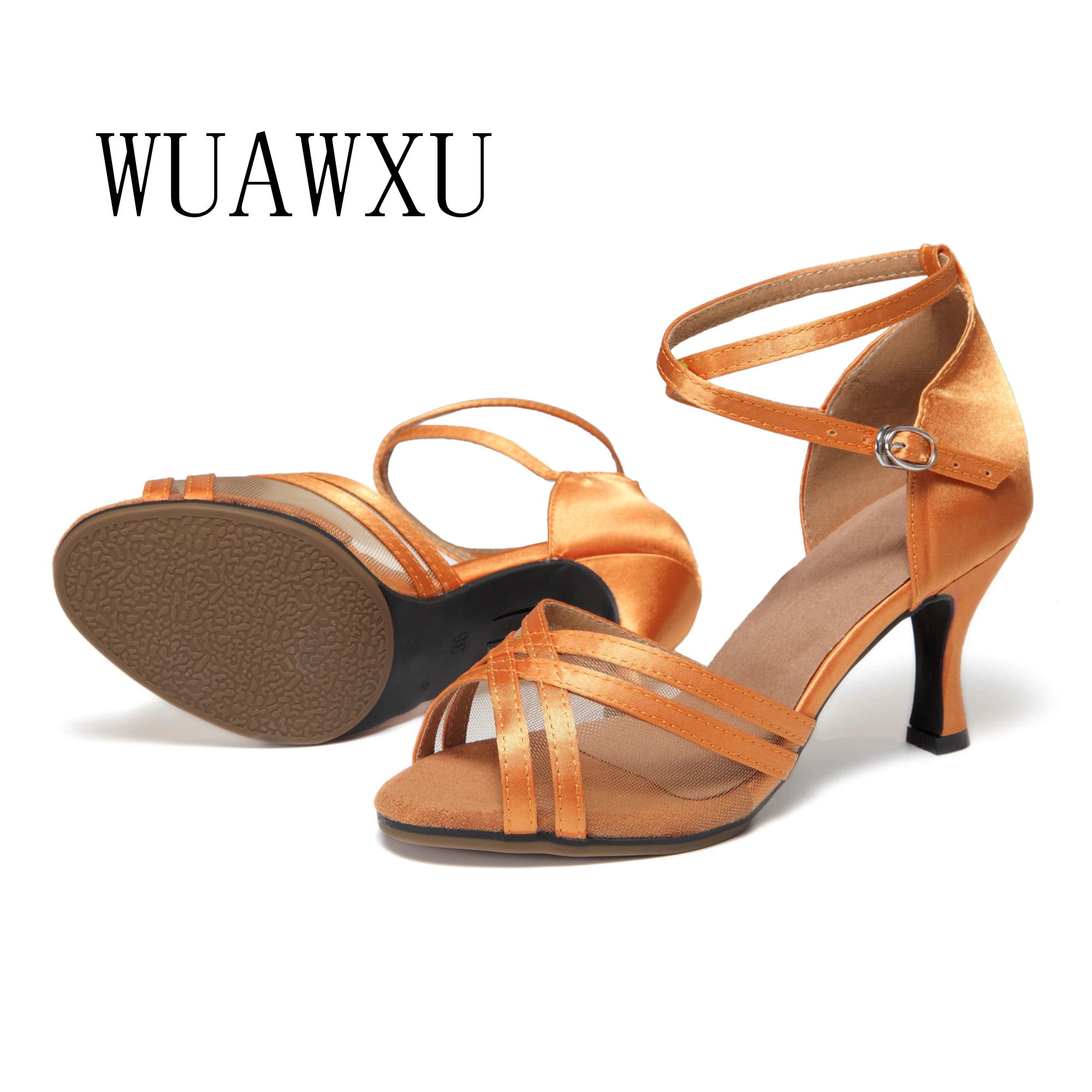NATASHA Women's Latin Dance Shoes Women's Adult Satin Mesh Orange 7.5cm Medium High Heel Dance Shoes Soft Sole Dance Shoes Natio