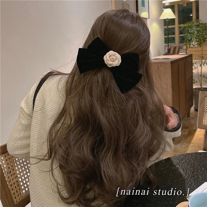Retro Velvet Camellia Hair Clip For Woman Girls Black Barrette Bow Small Fragrance Baroque Headwear Hair Accessories Hot