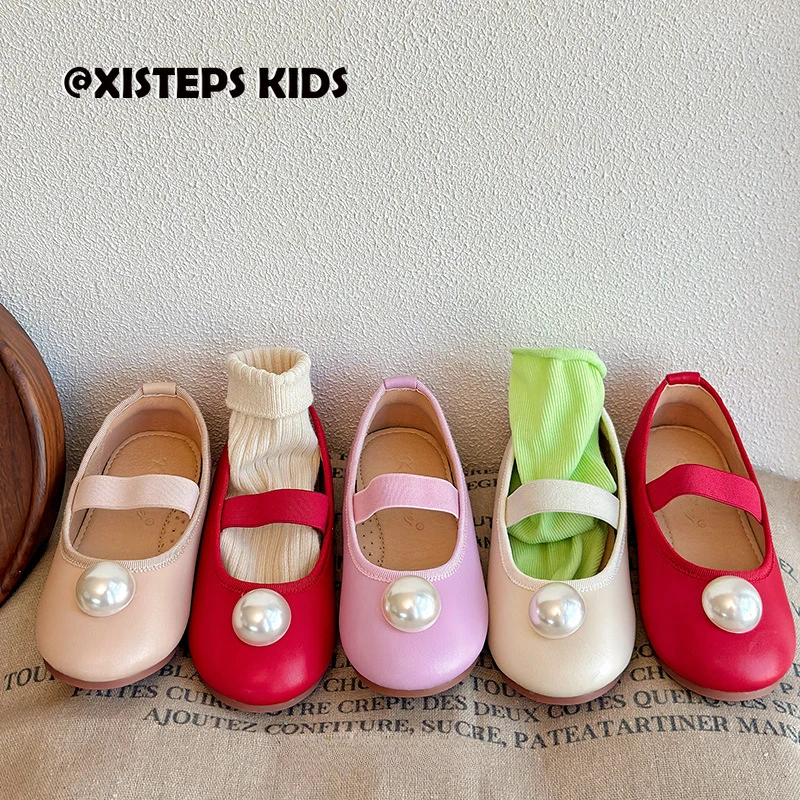 

Charmful Pearl Children Girls Leather Mary Jane Shoes Red Pink White Little Princess Slip-on Flats Boat Shoes Kids Loafers