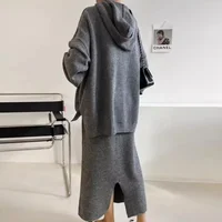 Retro Lazy Sle Long Sve Knitted Sweater And f Skirt Set Autumn Winter Faion Loose Fit Two Piece Women's Ensemble - Image 5