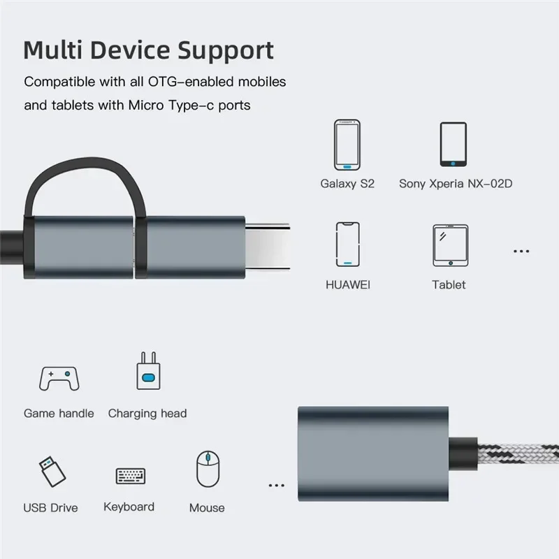 USB 3.0 OTG 어댑터 C타입 마이크로 USB to USB 3.0 어댑터, 나일론 브레이드 케이블 OTG 컨버터, 화웨이용 게임패드 플래시 디스크용, 2 인 1