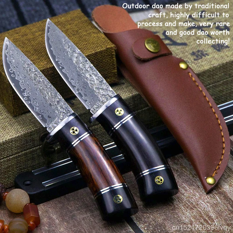 

Finland classic young ox Damascus steel hunting blade with ebony handle tactical straight knife outdoor hand straight knife