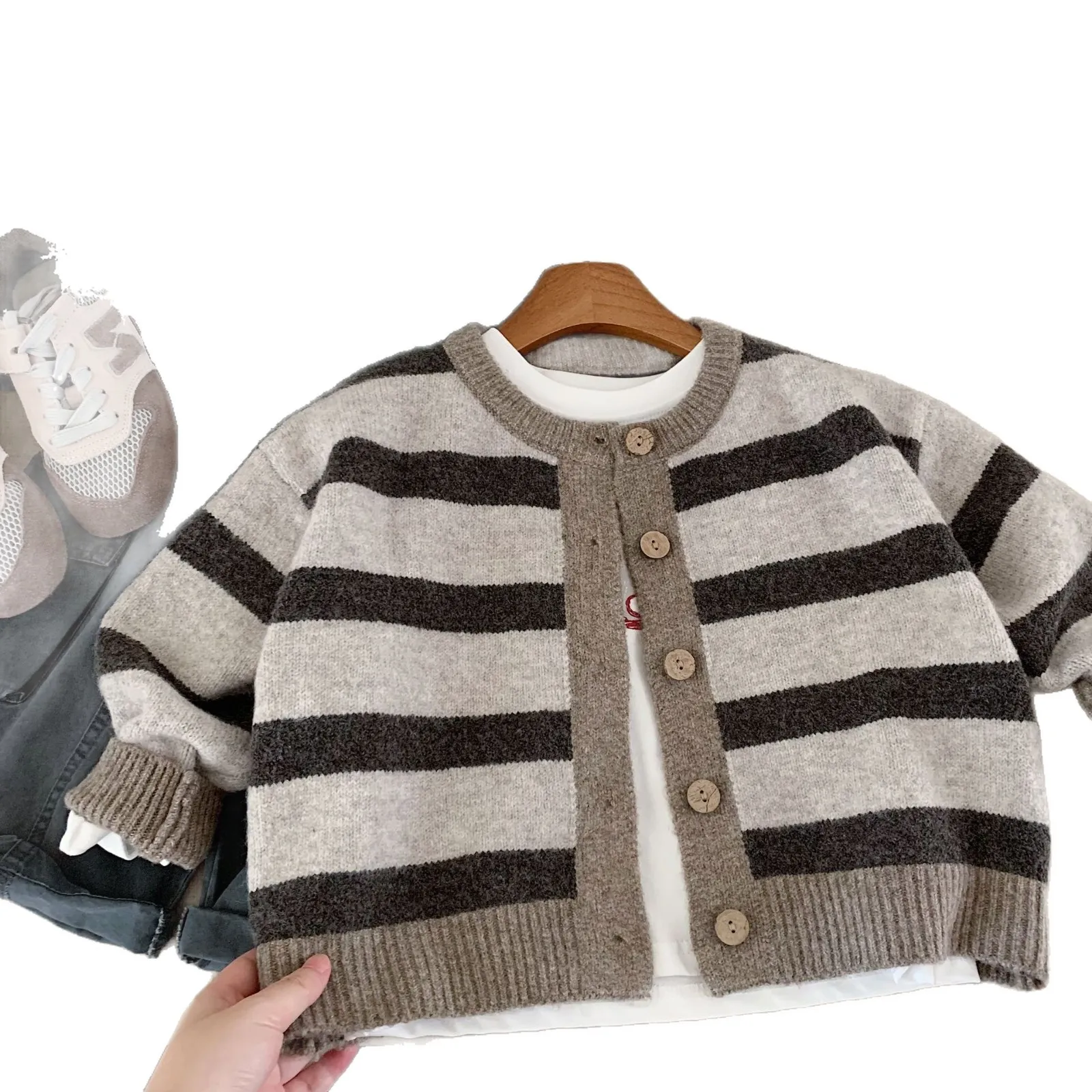어린이 스웨터 2026 가을 신상 한국판 패션 스트라이프 소년 니트 가디건