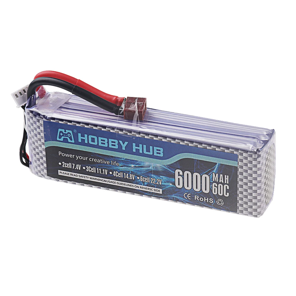 Vue latérale de la batterie LiPo 22.2V pour quadcopter avec étiquette de capacité