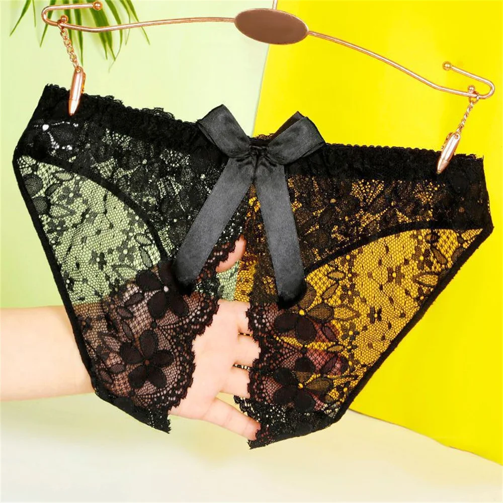 Ladies Sexy Hollow Out Lace Underwear Panties Open Crotch Thong Can Be Inserted Free Take Off Bow Briefs Transparent for Sex