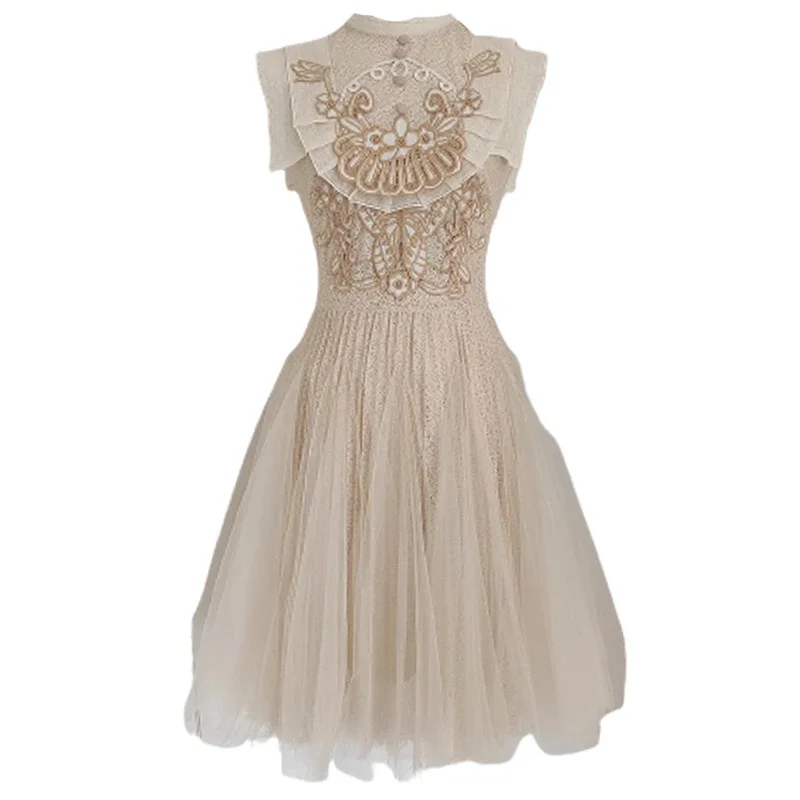 

Роскошное абрикосовое кружевное платье для женщин, элегантные вечерние платья без рукавов с круглым вырезом, Женская роскошная дизайнерская одежда без рукавов для дам