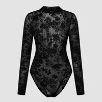Sexy Women's Black Floral Flocking Sheer Mesh Mock Neck Long Sleeve Bodysuit
