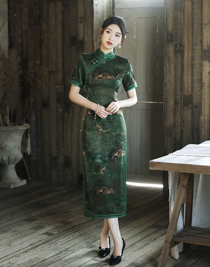 FZSLCYIYI ߱ ü  ª Ҹ Cheongsam Ʈ  ư μ ƾ Qipao ϸ ̺ 巹