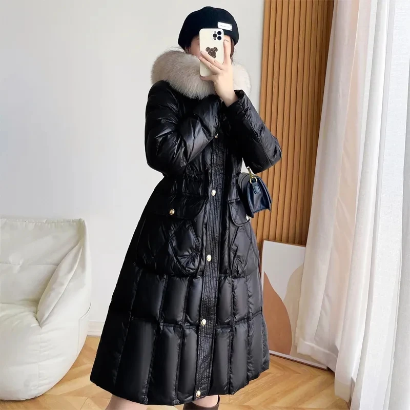 

Женский пуховик с воротником «Лиса», женская одежда, новинка 2023, зимняя куртка, длинное утепленное пальто на белом утином пуху с капюшоном, теплая женская верхняя одежда