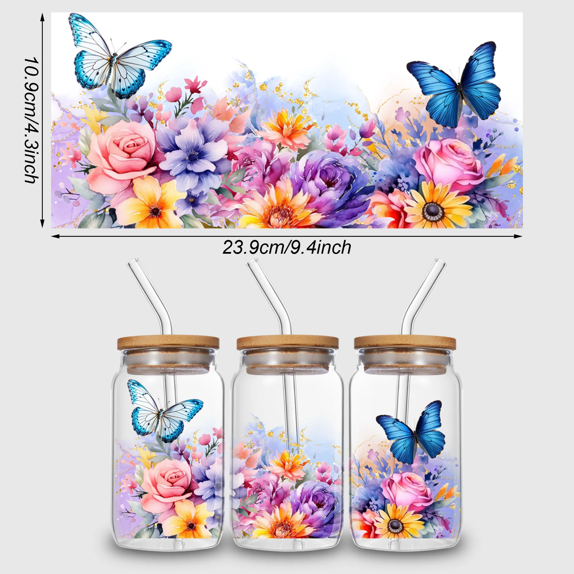 5 Sheets flower UV DTF Cup Stickers Sports DTF Transfer Stickers for Glass Waterproof Beautiful Butterfly Rubbing Transfers