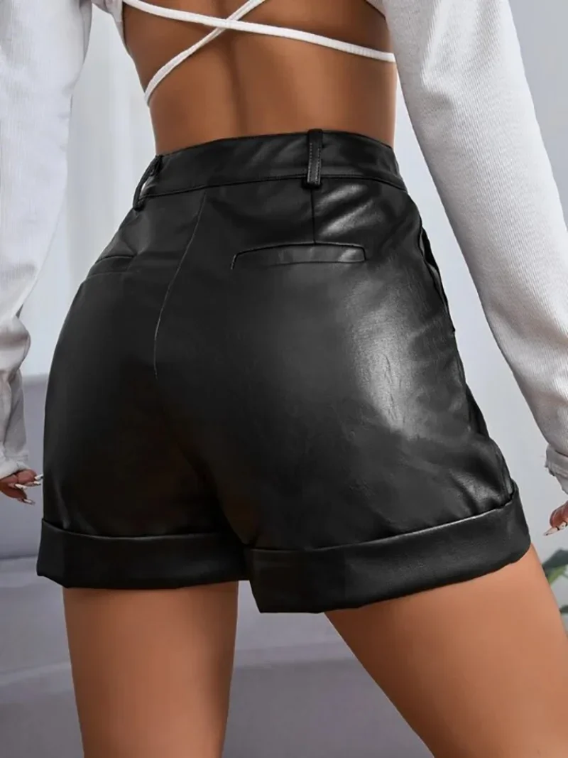 Sexy Elegant High Waist Black Pocket Short Female Hot Sale Pantalones Cortos 2023 New Fashion Women Faux PU Leather Shorts Ladie
