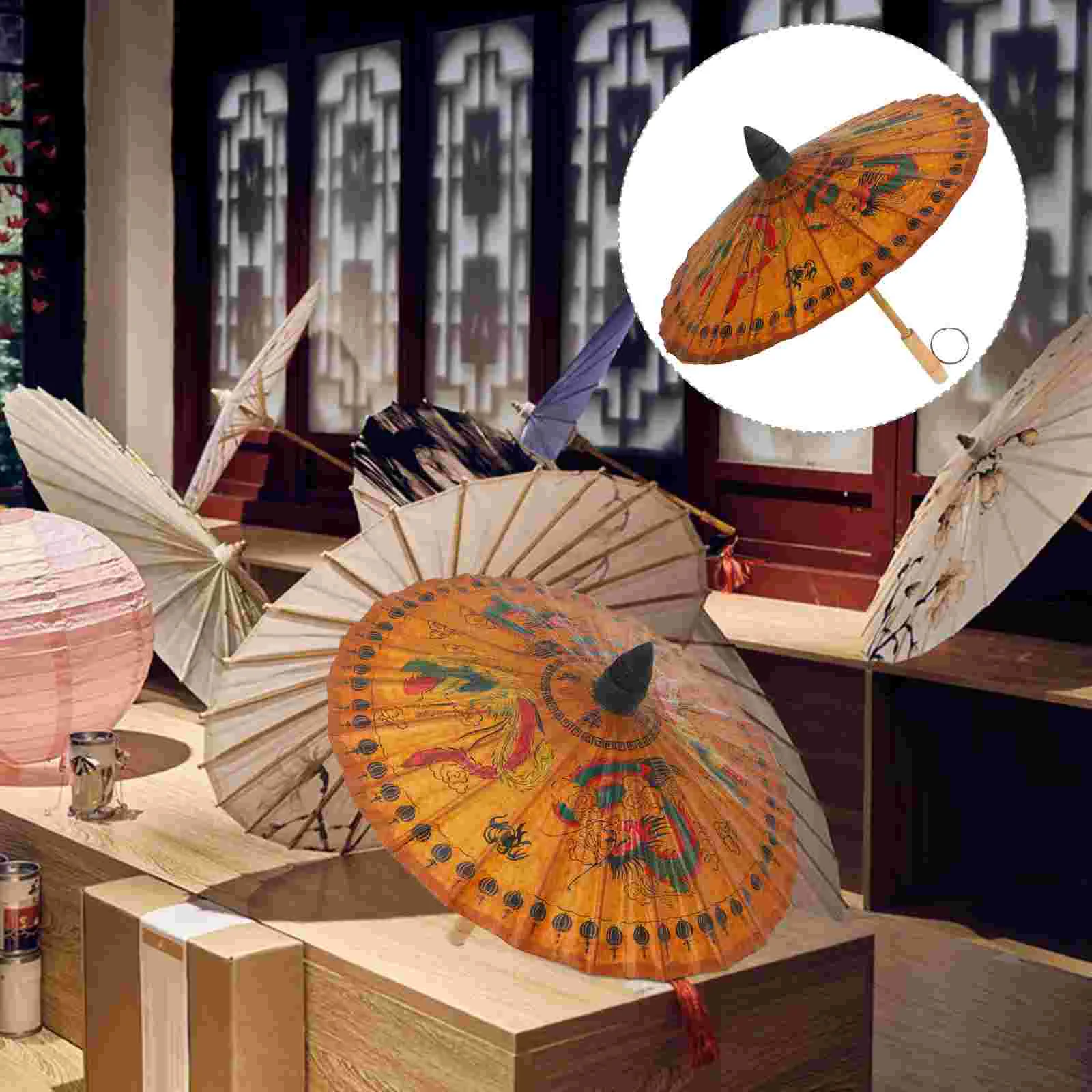 

Classic Hand-painted Oil-paper Umbrella Decorative Oiled Paper Crafts for Bar Store Tearoom Decors Dragon Phoenix Patterns