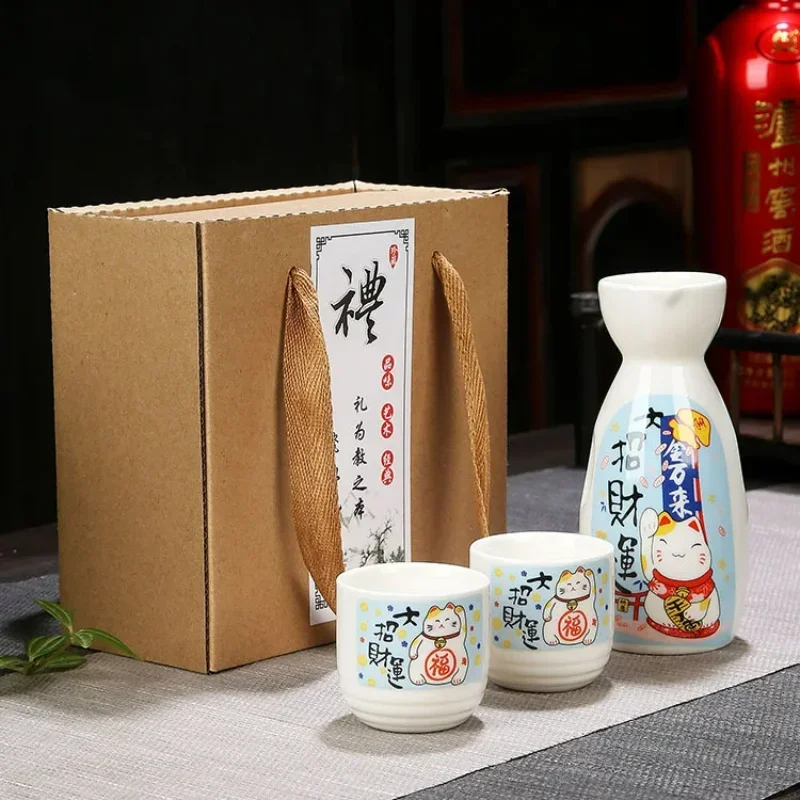 Retro Japanese Sake Wine Set Hand-painted Lucky Cat Ceramics Pot Cups Set