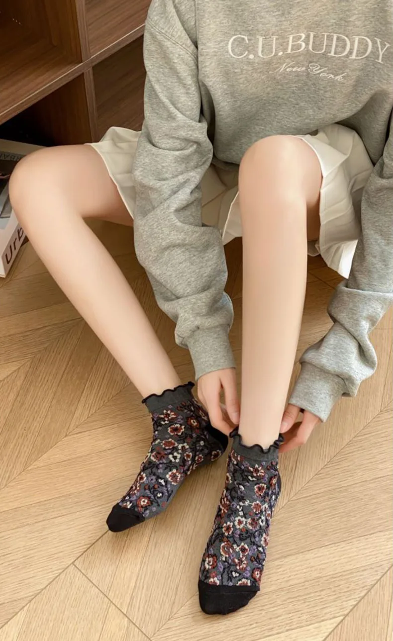 5 Paar Rüschensocken mit Rüschen für Damen, Harajuku, Blumendruck, japanische Mode, Lolita-Stil, kurze Socken für Mädchen, Pack Calcetines – Detail 7
