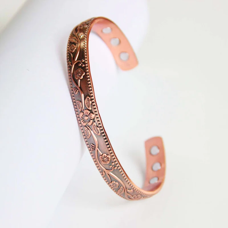 Vintage Flower Magnetic High Gauge 99.9% Solid Copper Bracelet for Women Magnetic Therapy Bracelet for Arthritis Pain Relief