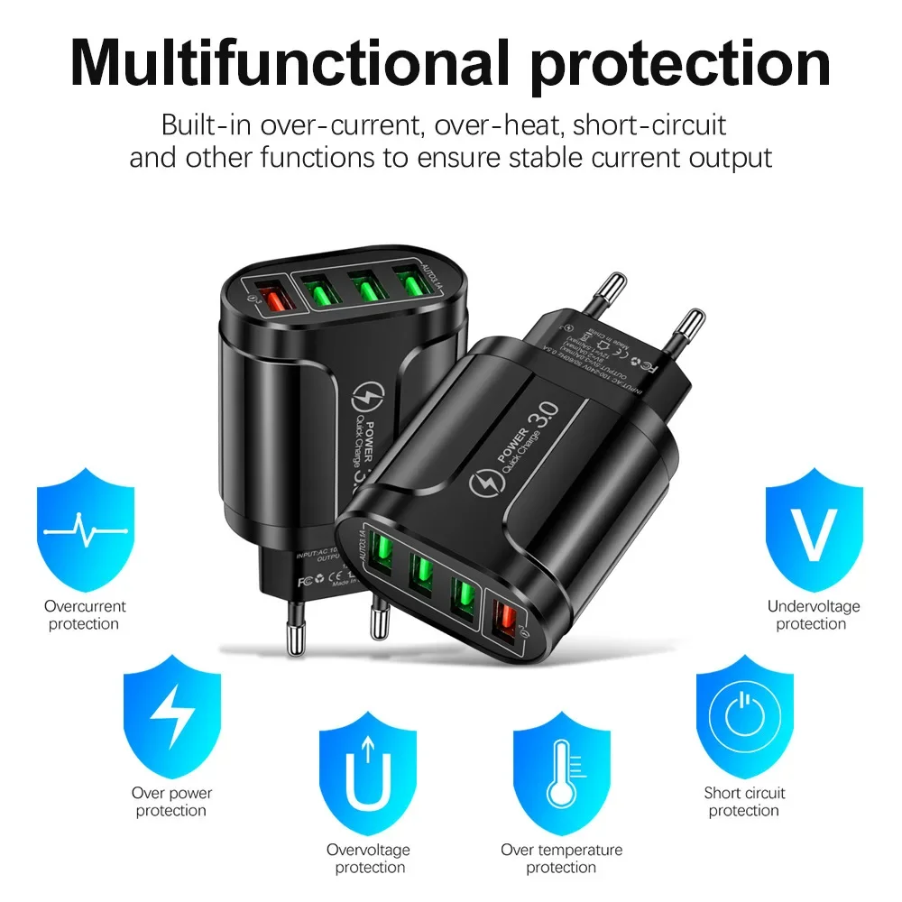 48W 4 USB Ports Quick Charger 3.0 Travel Adapter Mutil Port Fast Charging Suitable For Android iPhone Xiaomi Samsung Other Phone