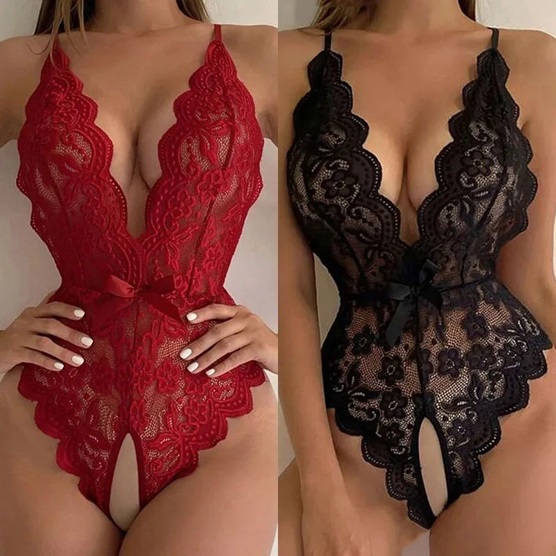 Erotic Lace Women's Deep V Open Bra Crotchless Slim Fit Lingerie Sexy Transparent Bodysuit Sex Temptation Underwear Costumes women underwear sexy lingerie