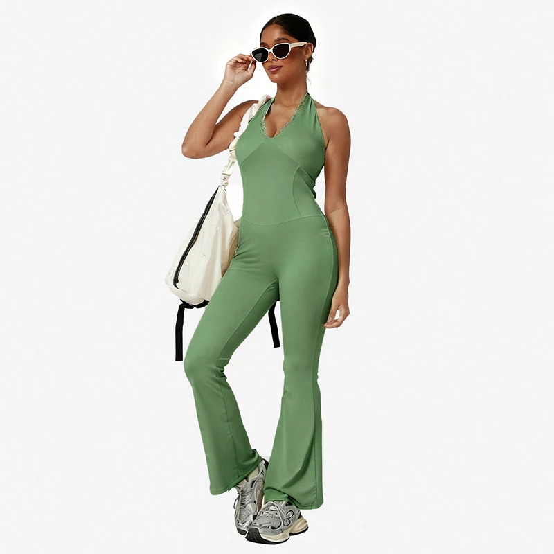 Neuer Halter V-Ausschnitt Pilates Yoga Jumpsuit Damen Einteiler mit Spitzen-Patchwork Sexy Tailliertes Sportoutfit Eleganter Einfarbiger Workout-Bodysuit – Detail 15