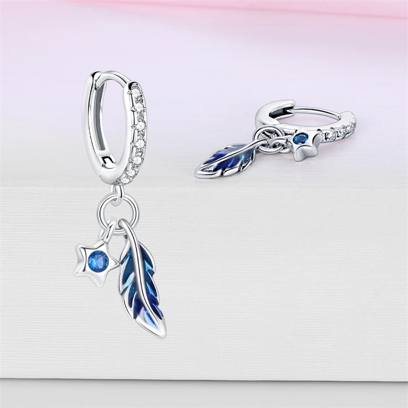 Silver Earrings 925 Silver Color Blue Zircon Stars Moon Irregularity For Woman Fine Birthday Jewelry Gifts
