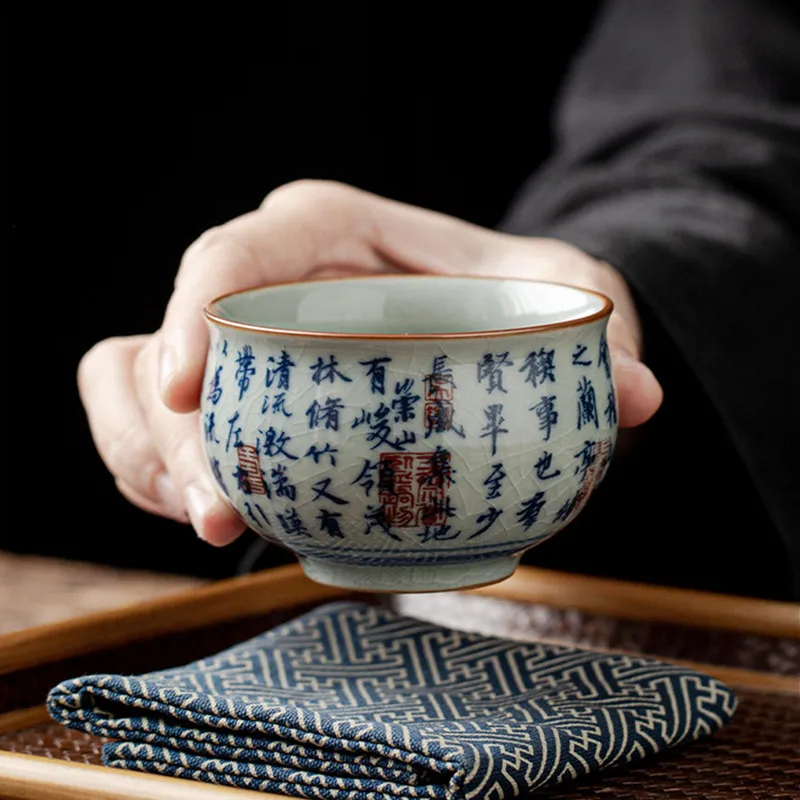 1 Pc Chinese Tradition Ceramic Tea Cup Handmade Blue and White Porcelain Teacup Household Portable Tea Bowl Set Accessories