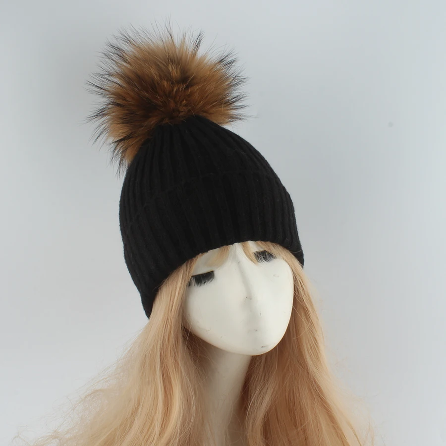 NEUE Echt Waschbären Pelz Pom Pom Hüte Für Frauen Warme Gestreifte Gestrickte Hut Winter Mädchen Fuchs Ball Beanies Skullies Outdoor Weibliche Kappe – Detail 6