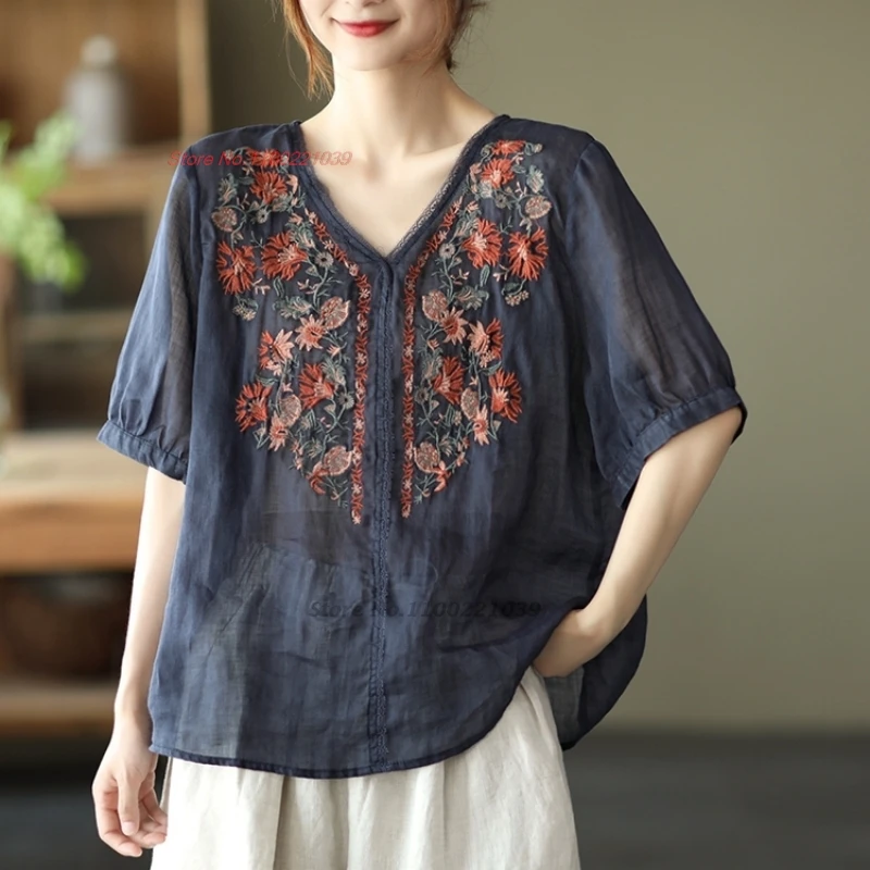 

2024 traditional chinese vintage hanfu tops national flower embroidered v-neck folk blouse oriental cotton linen loose blouse