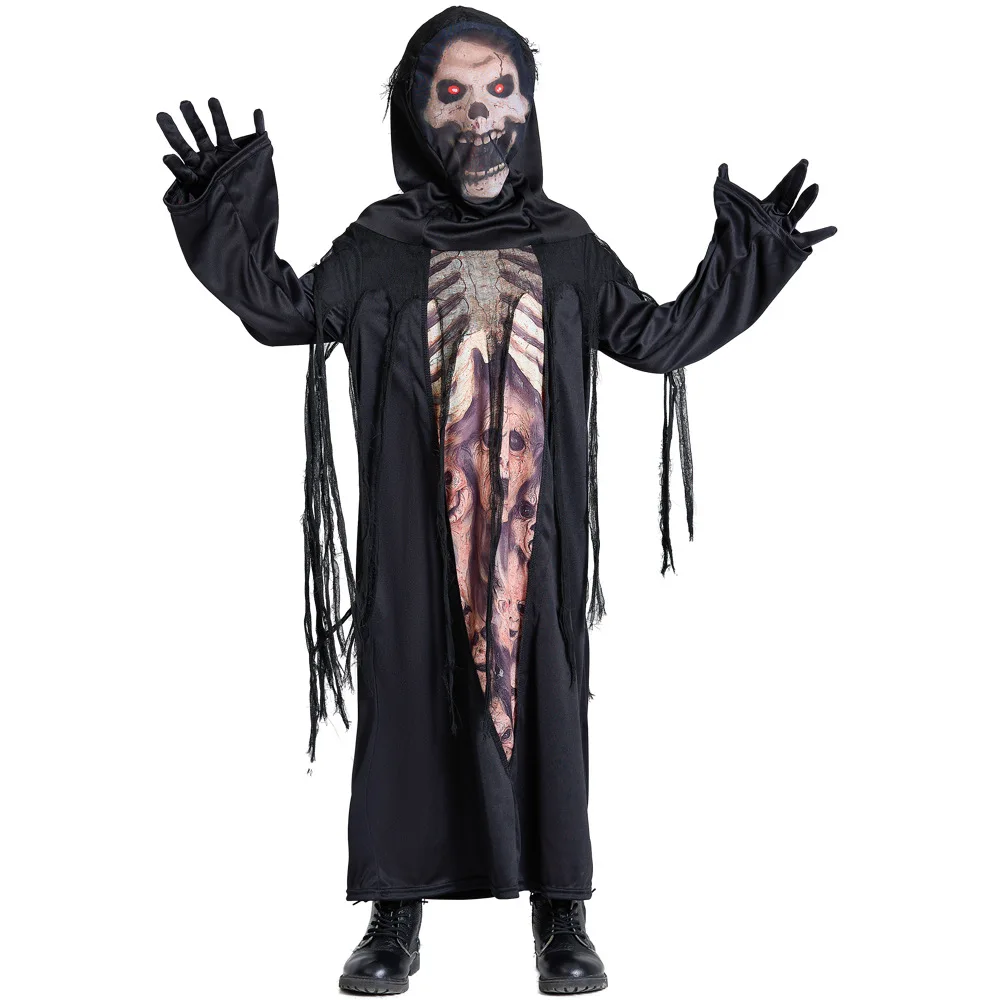 

Boys Halloween Black Death Azrael Costumes Kids Children Devil Ghost Skeleton Robe Cosplay Carnival Purim Role Play Party Dress