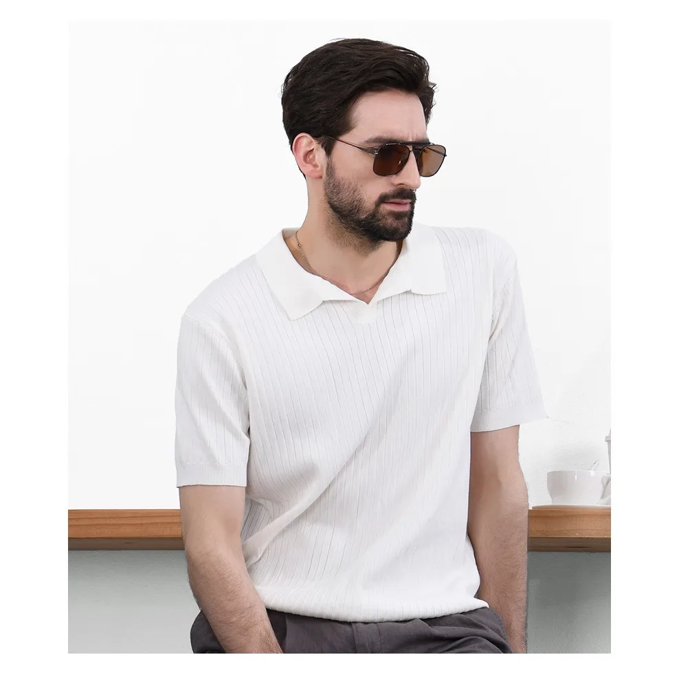 Polo da uomo in maglia a maniche corte 2026, estivo, sottile, a righe verticali, slim-fit, casual, elasticizzato - immagine 2
