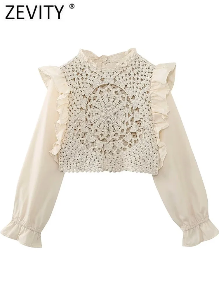 

Zevity Women Fashion Pleat Ruffles Design Hollow Out Crochet Short Smock Blouse Female Casual Shirt Blusas Chic Crop Tops LS5392