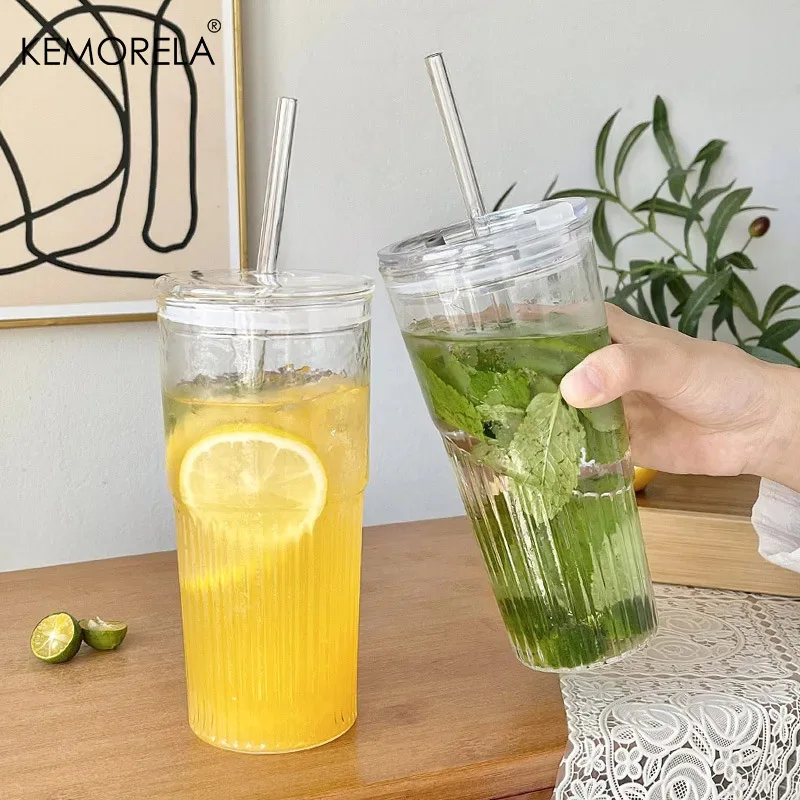 1/2PCS 600ml Stripe Glass Drinking Glasses Set With Lid And Straw For Juice Water Iced Coffee