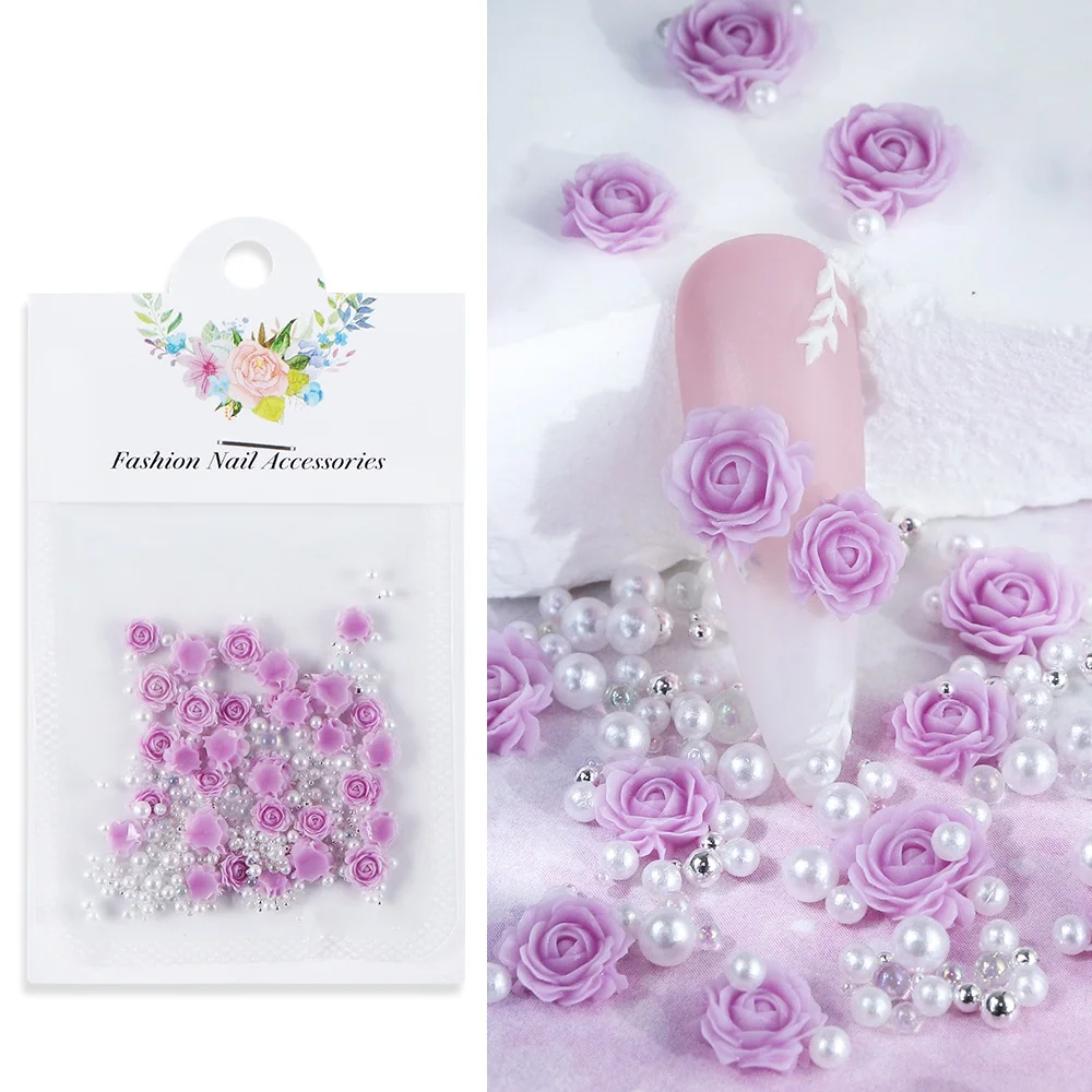 30-Piece Pink Rose 3D Nail Rhinestone and Pearl Charms Set