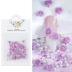 30 - Piece Pink Rose 3D Nail Rhinestone and Pearl Charms Set (Purple)