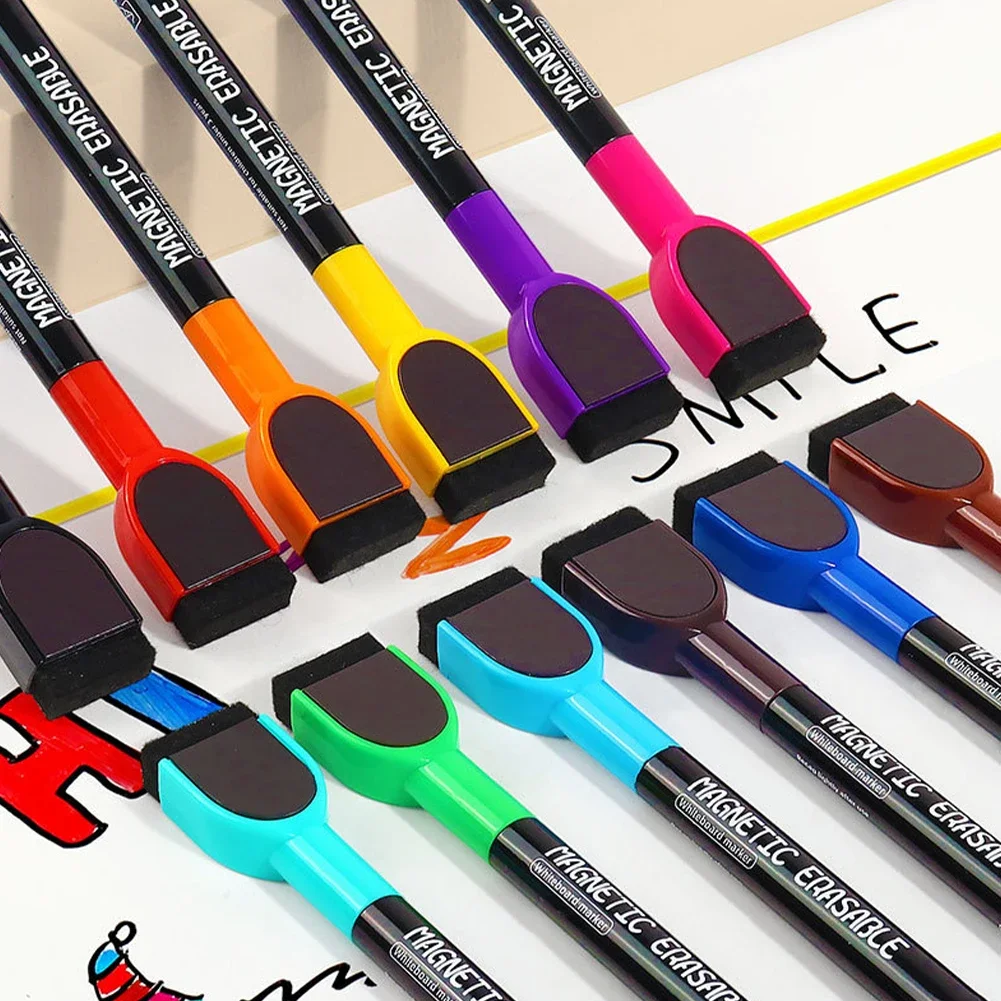 Magnetic Erasable Whiteboard Markers with Quick-Dry Water-Based Ink and Built-In Eraser