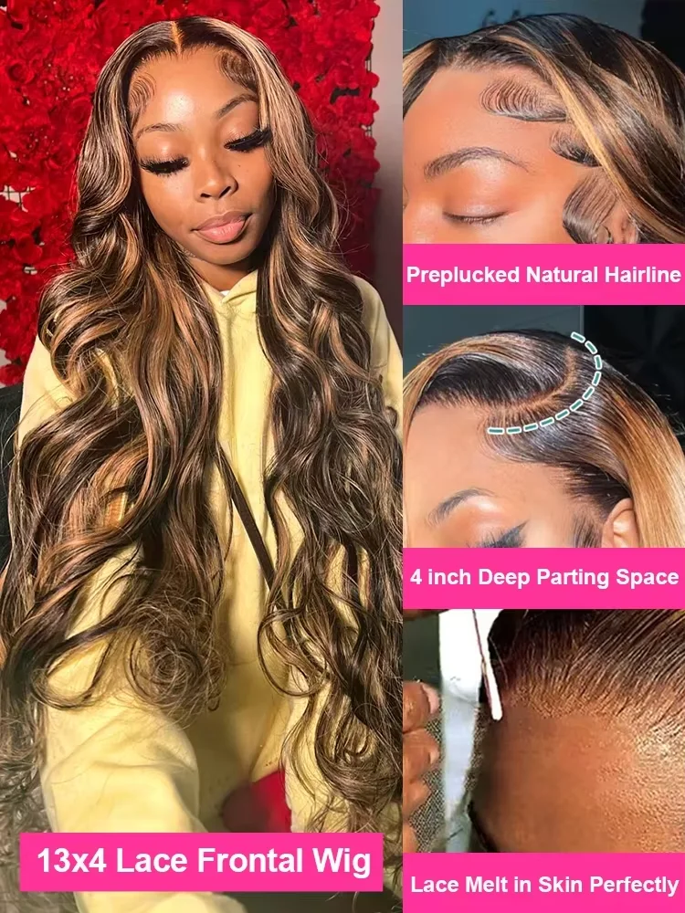 220% Density Highlight 13x4 13x6 HD Lace Frontal Wigs For Women P4/27 Colored Body Wave Lace Front Wigs 30 36 Inch Remy Hair Wig