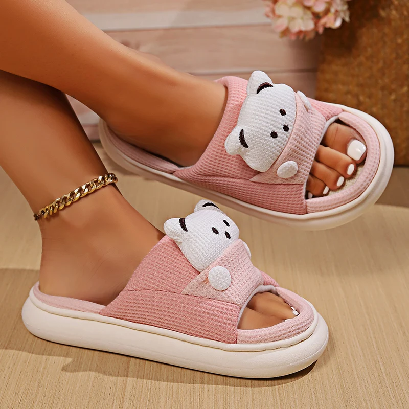 Cute Cartoon Bear Linen Slippers Women Breathable Sole Four Season Indoor Comzy Plus Size 45 Unisex House Slides Shoes