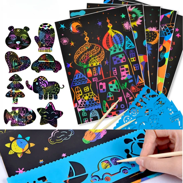 Scratch Art Set, 50 Piece Rainbow Magic Scratch Paper for Kids Black Scratch  Off Art Notes Boards with 5 Wooden Stylus