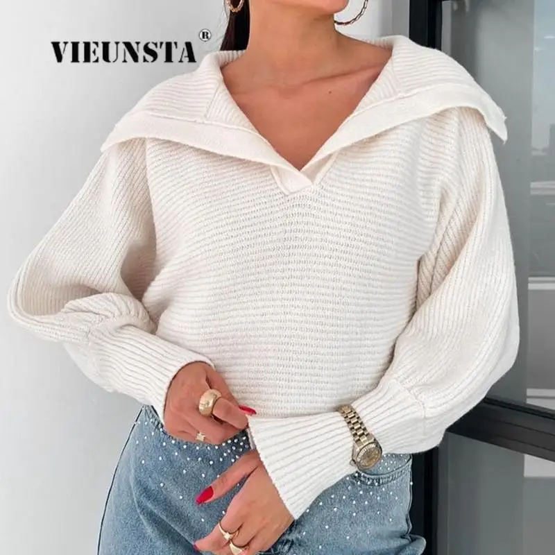 

Women Casual V-Neck Lantern Sleeve Pullover Lady Elegant All-Match Sweater Jumper Fashion Loose Simple Candy Color Short Sweater