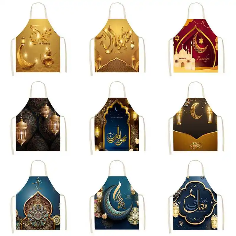 

1Pcs Ramadan Eid Kitchen Apron Women's Linen Print Sleeveless Household Cleaning Tools Home Cooking Baking Adult Bib Delantal