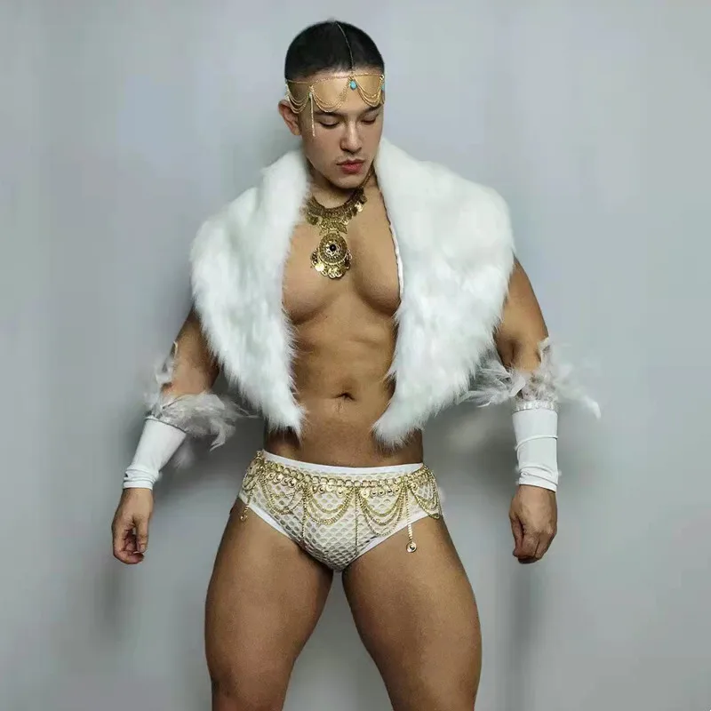 

Танцевальный Костюм для диджея Gogo, костюм для ночного клуба, Мужская танцевальная команда, сексуальная сценическая одежда, белая брикет, одежда для выступлений