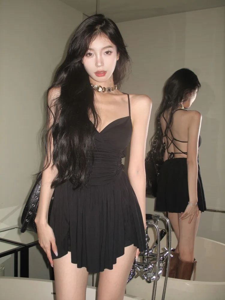 Summer Sexy Mini Dress Women Sleeveless Spaghetti Strap Streetwear Backless Pleated Split Black Dress Party A-line Dresses Y2k