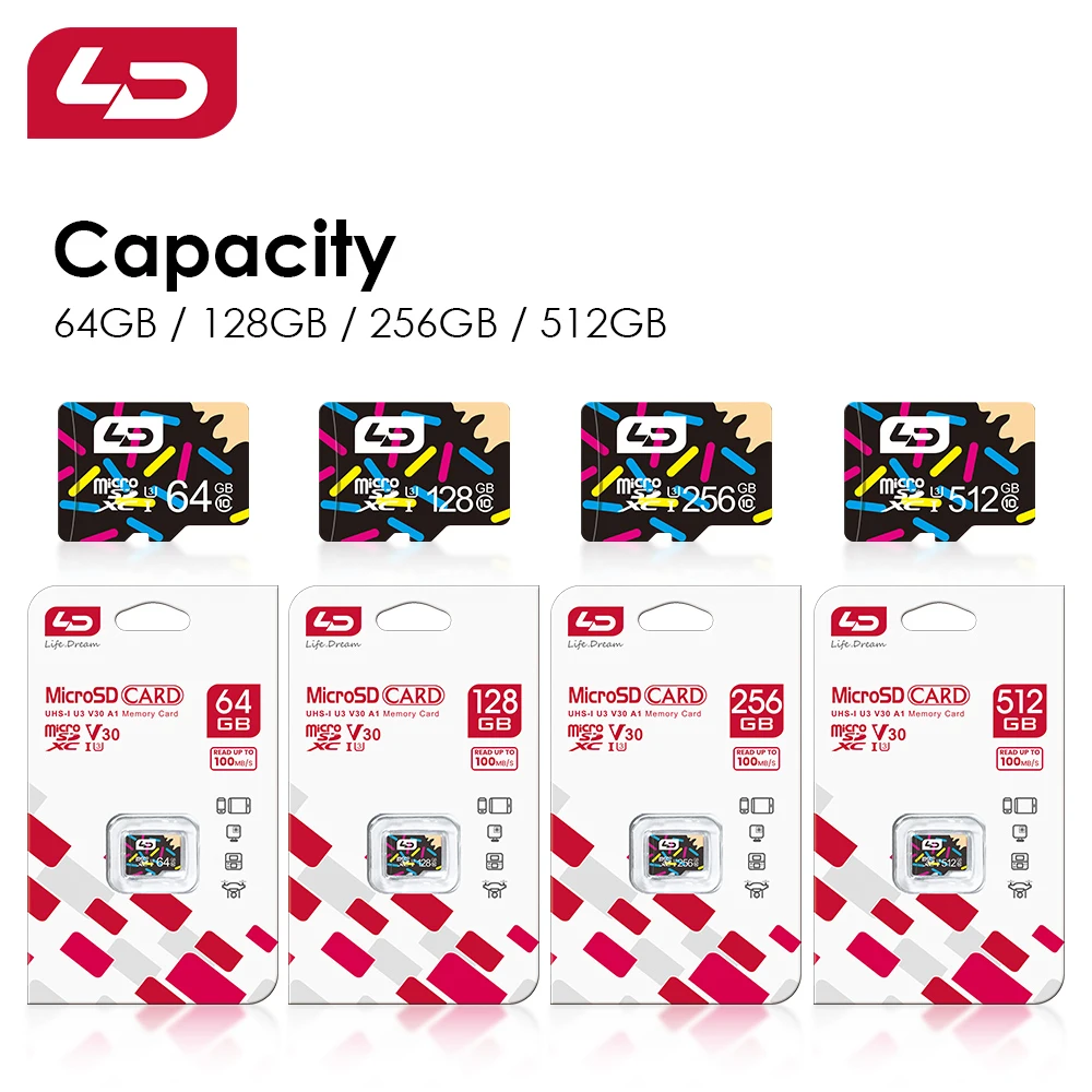 LD 마이크로 SD 카드 8GB/16GB/32GB/64GB/128GB/256GB 플래시 메모리 TF 카드 4K 클래스 10 U3 UHS-I 디지털 카메라 액션 카메라용