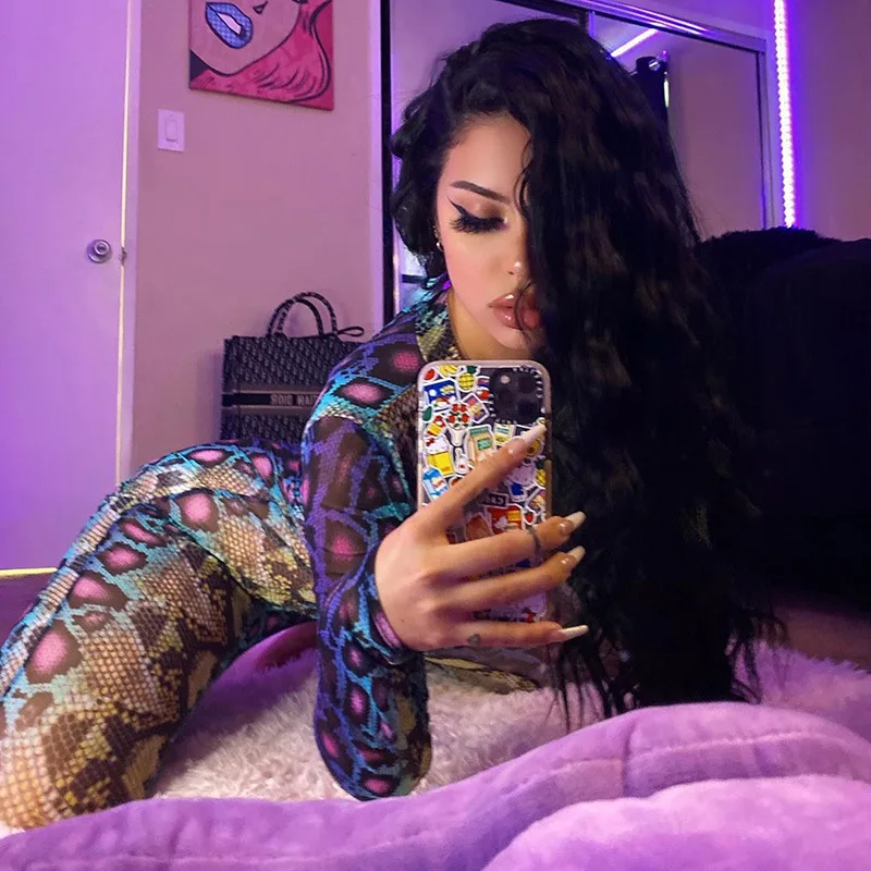 Women's Summer New Snake Patterned Long Sleeved Tight Fitting Jumpsuit One-piece Pants High Street Matching Nightclub Matching 4